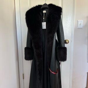 Fur Trim Black Leather Coat